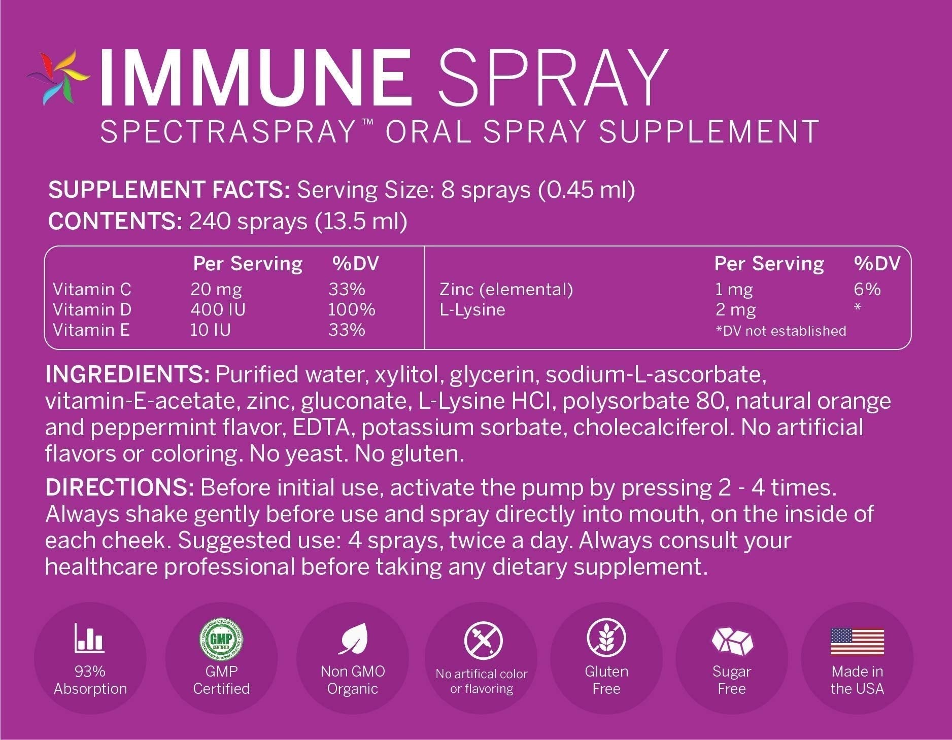 Spectraspray Immune Support Vitamin Spray - Vitamins C, E, Zinc and L-Lysine, 30 Day Supply per Spray - dailyvitalstore
