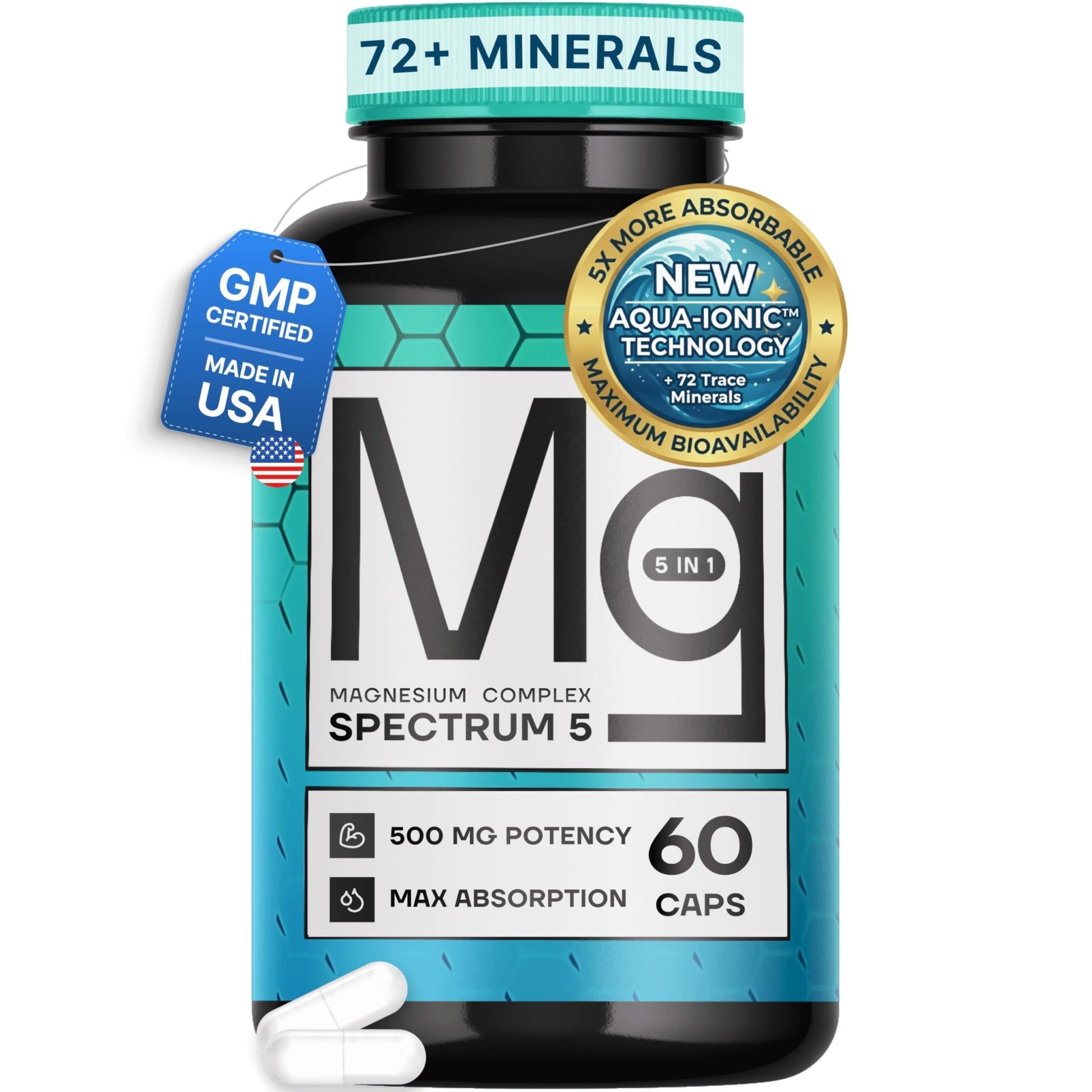 Spectrum 5 Magnesium Complex for Women & Men | Patented Aqua-Ionic® 5X Absorption Technology | 500mg Glycinate, Citrate, Malate + 72 Trace Minerals | Deep Sleep, Leg Cramp Relief & Calm | Non-Laxative - dailyvitalstore