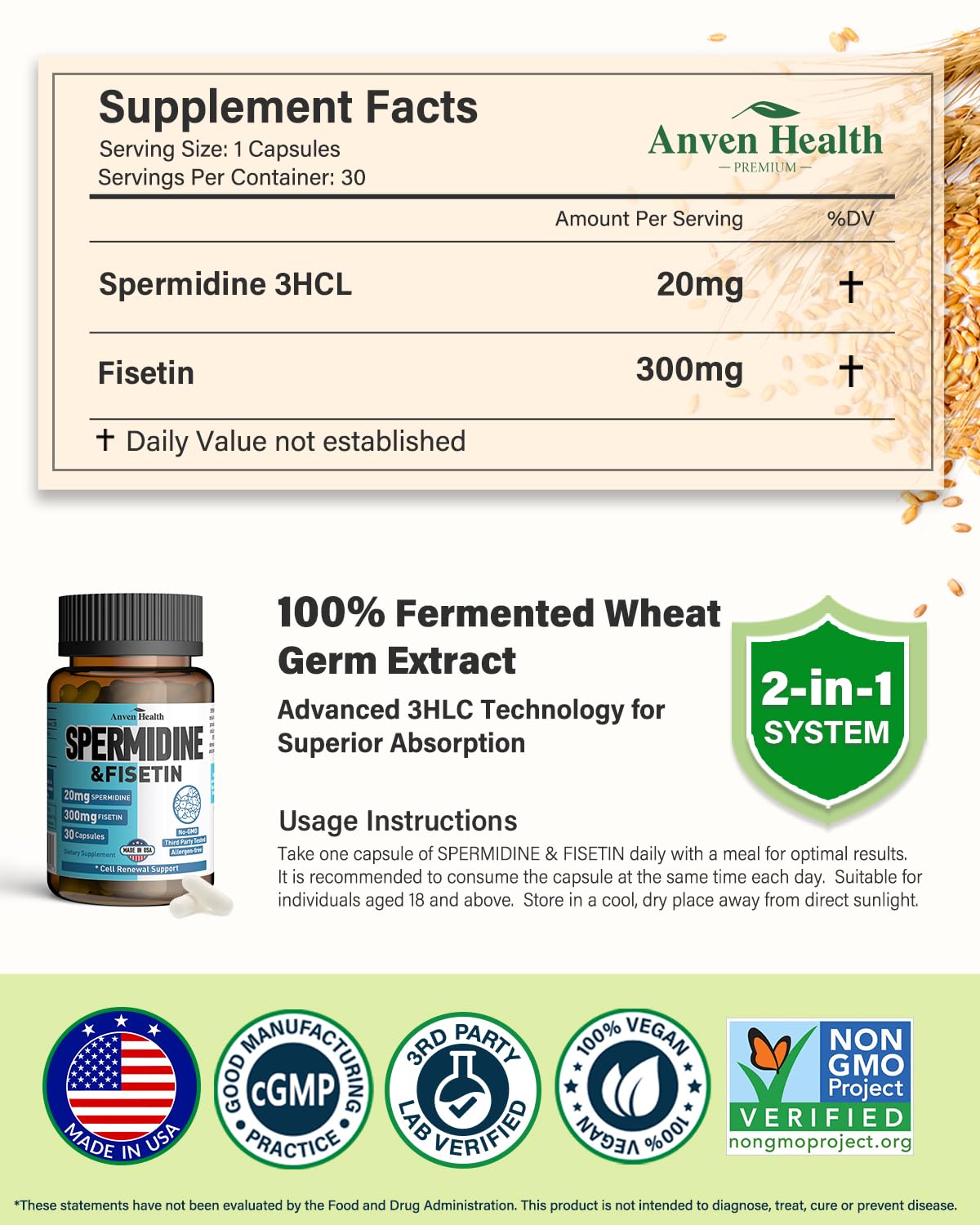 Spermidine & Fisetin Supplement - 20mg of 99% Spermidine Per Serving, 3HCL & 300mg Fisetin for Women Men Cell Renewal, Aging Defense & Longevity, Gluten Free, Non-GMO, Made in USA | 30 Veggie Caps - dailyvitalstore