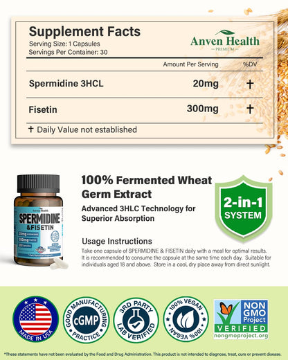 Spermidine & Fisetin Supplement - 20mg of 99% Spermidine Per Serving, 3HCL & 300mg Fisetin for Women Men Cell Renewal, Aging Defense & Longevity, Gluten Free, Non-GMO, Made in USA | 30 Veggie Caps - dailyvitalstore