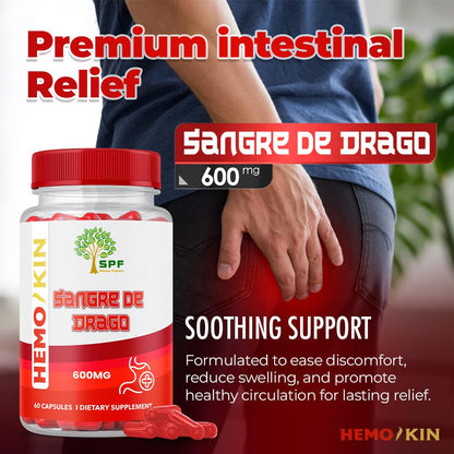 SPF Natural Products HEMOKIN with Sangre de Drago – Hemorrhoid and Fissure Relief Supplement, Helps with Itching, Swelling, Pain Relief (60 Caps) (1) - dailyvitalstore