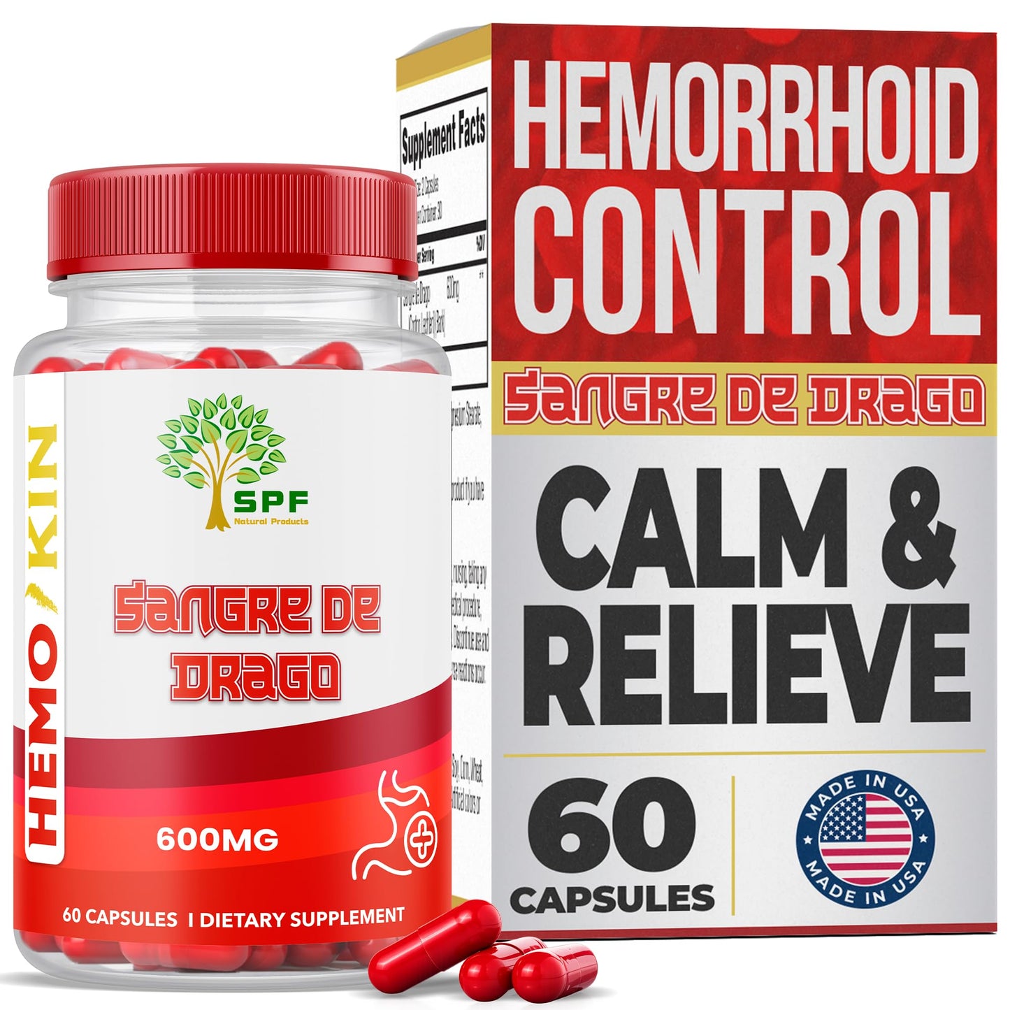 SPF Natural Products HEMOKIN with Sangre de Drago – Hemorrhoid and Fissure Relief Supplement, Helps with Itching, Swelling, Pain Relief (60 Caps) (1) - dailyvitalstore