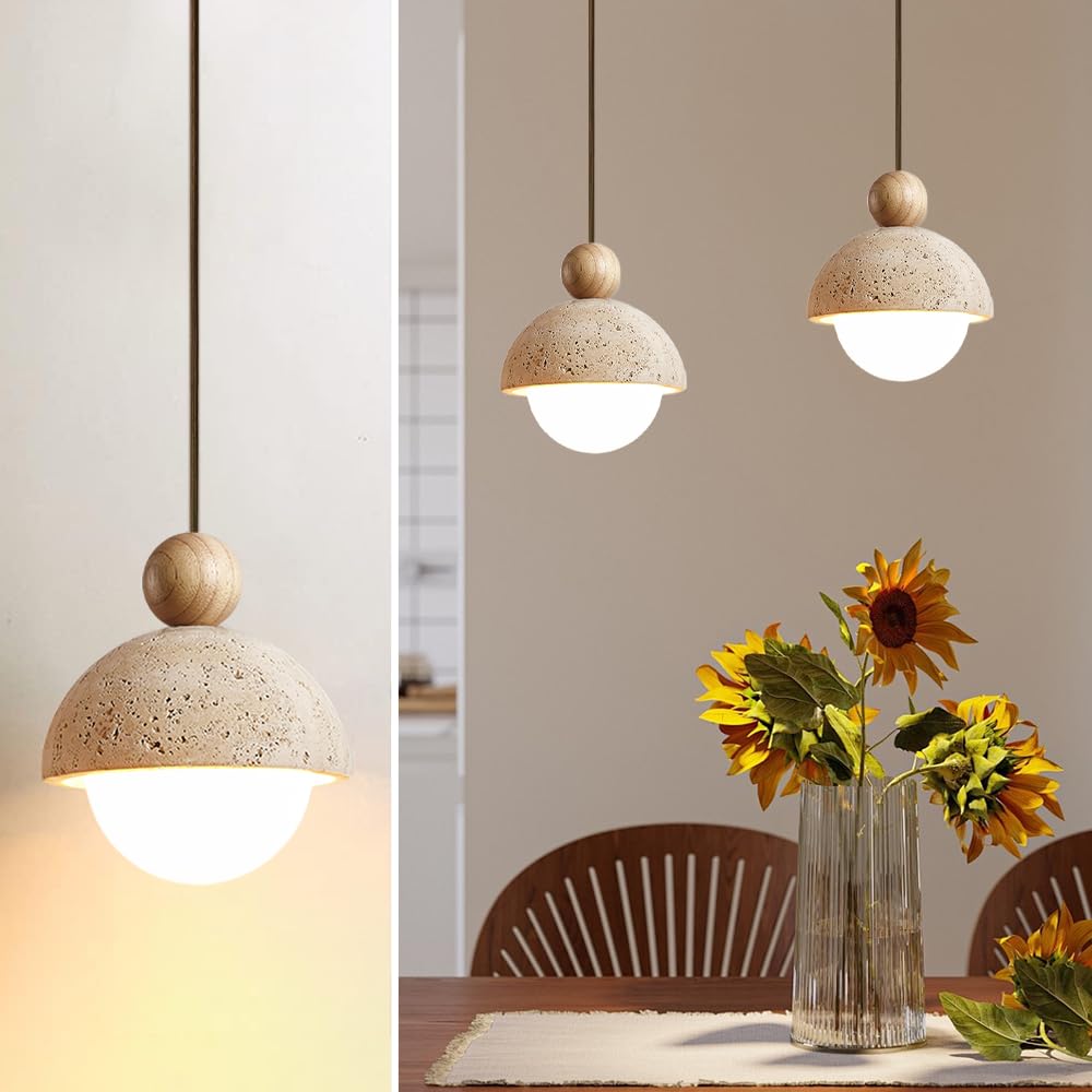 Spherical Wabi Sabi Pendant Light Natural Stone Retro Japanese Style Yellow Travertine Pendant Lighting Vintage Mini Wood Nordic Hanging Light for Kitchen Island Dining Room Bedroom Hallway Bedside - dailyvitalstore