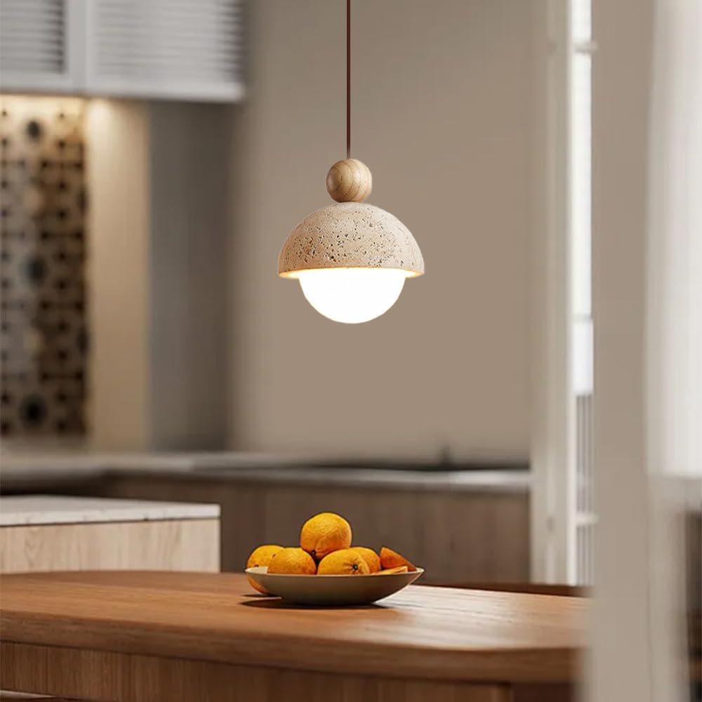 Spherical Wabi Sabi Pendant Light Natural Stone Retro Japanese Style Yellow Travertine Pendant Lighting Vintage Mini Wood Nordic Hanging Light for Kitchen Island Dining Room Bedroom Hallway Bedside - dailyvitalstore