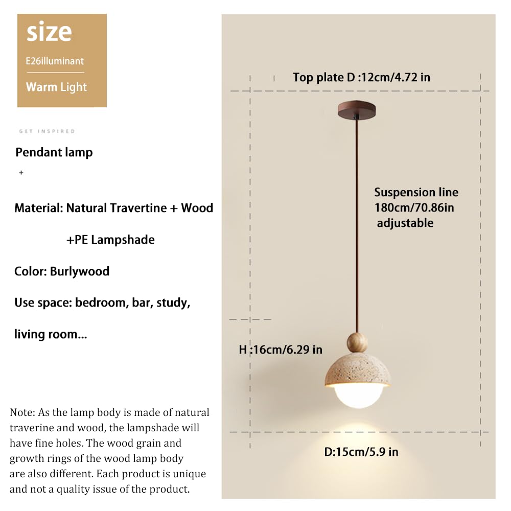 Spherical Wabi Sabi Pendant Light Natural Stone Retro Japanese Style Yellow Travertine Pendant Lighting Vintage Mini Wood Nordic Hanging Light for Kitchen Island Dining Room Bedroom Hallway Bedside - dailyvitalstore