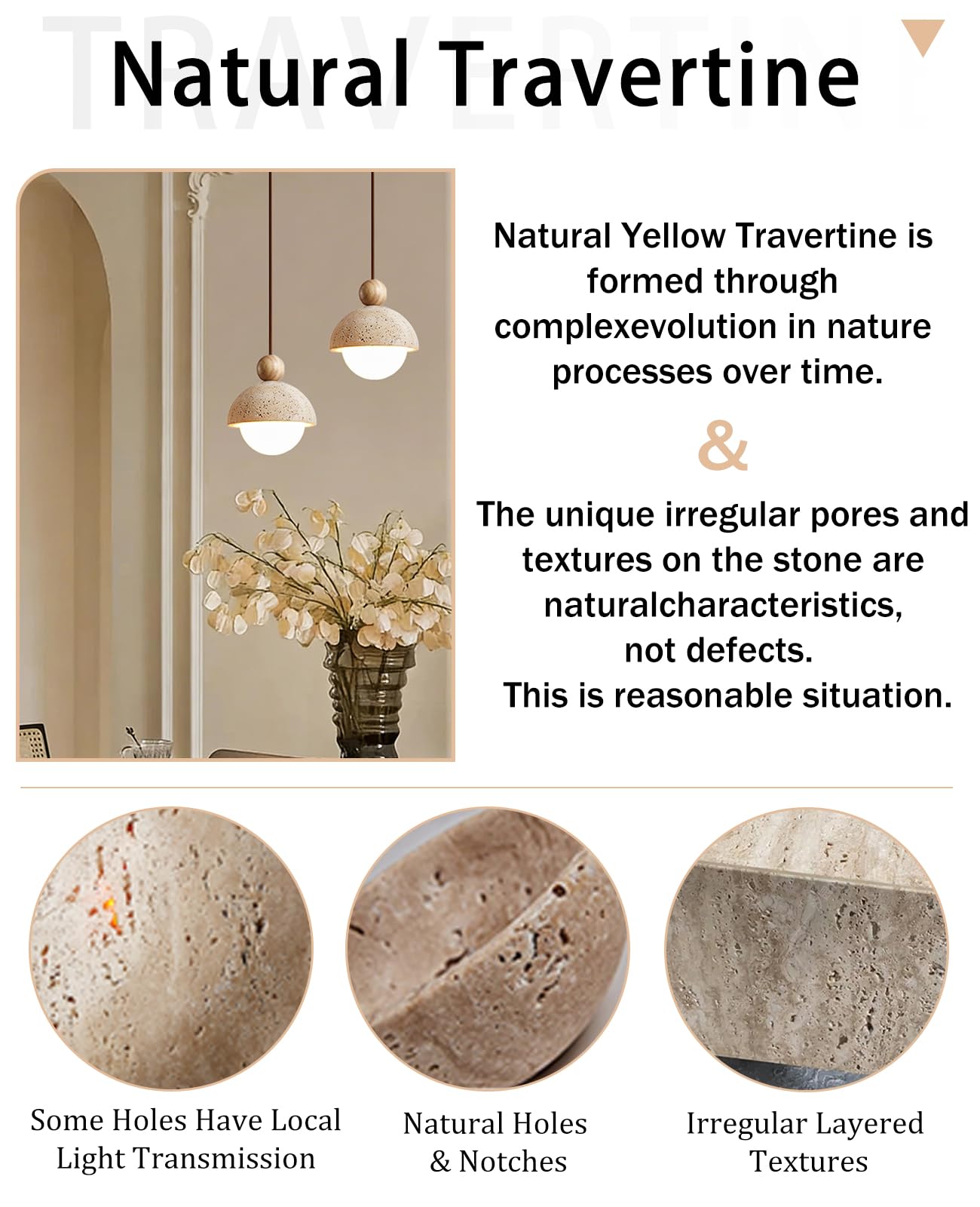 Spherical Wabi Sabi Pendant Light Natural Stone Retro Japanese Style Yellow Travertine Pendant Lighting Vintage Mini Wood Nordic Hanging Light for Kitchen Island Dining Room Bedroom Hallway Bedside - dailyvitalstore