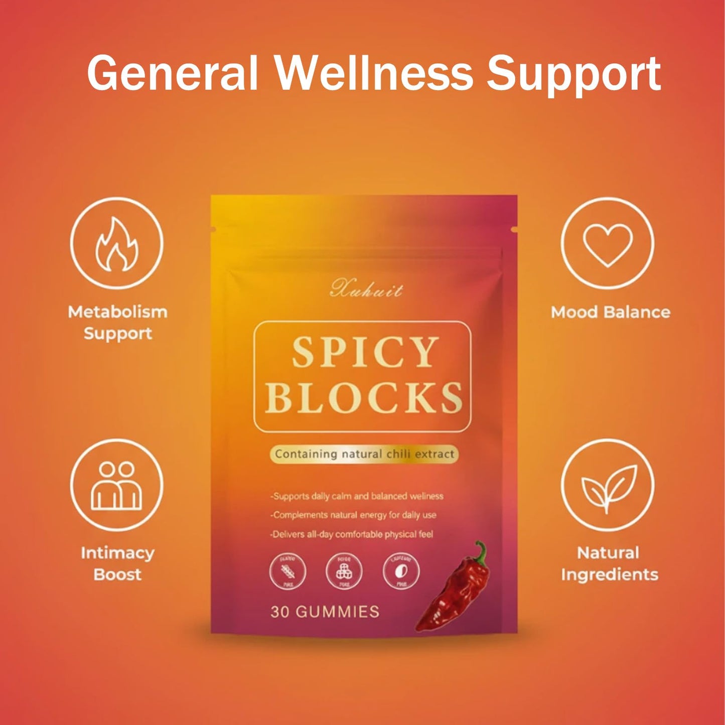 Spicy Blocks for Couples-with Chili Pepper , Maca Root & Epimedium Extract | Supports Emotional Warmth & Daily Comfort | Peach Flavor, Mild Spicy Kick, Vegan-Friendly, No Artificial Additives (1) - dailyvitalstore