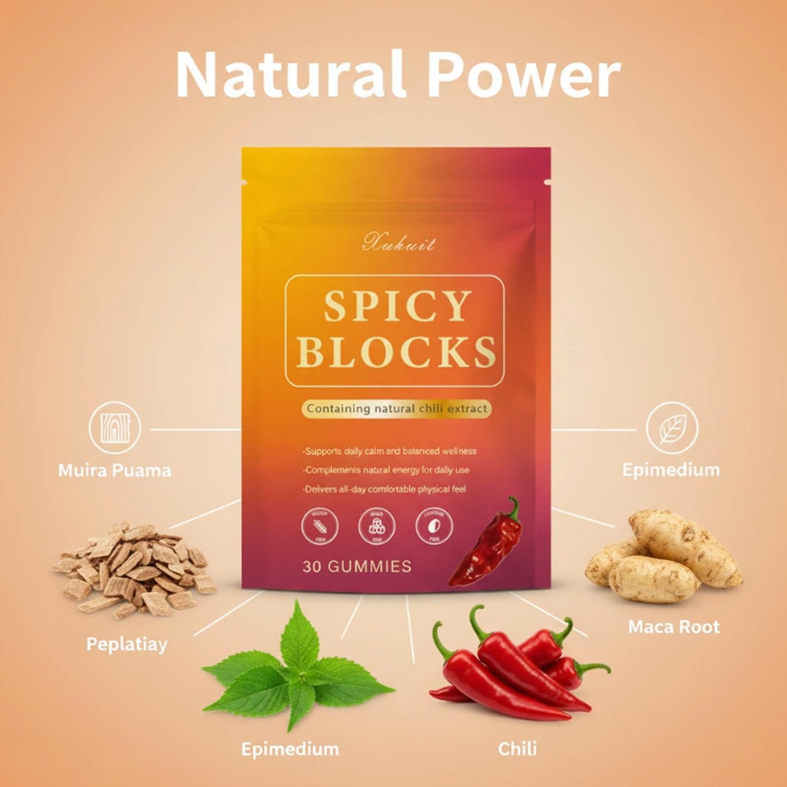 Spicy Blocks for Couples-with Chili Pepper , Maca Root & Epimedium Extract | Supports Emotional Warmth & Daily Comfort | Peach Flavor, Mild Spicy Kick, Vegan-Friendly, No Artificial Additives (1) - dailyvitalstore