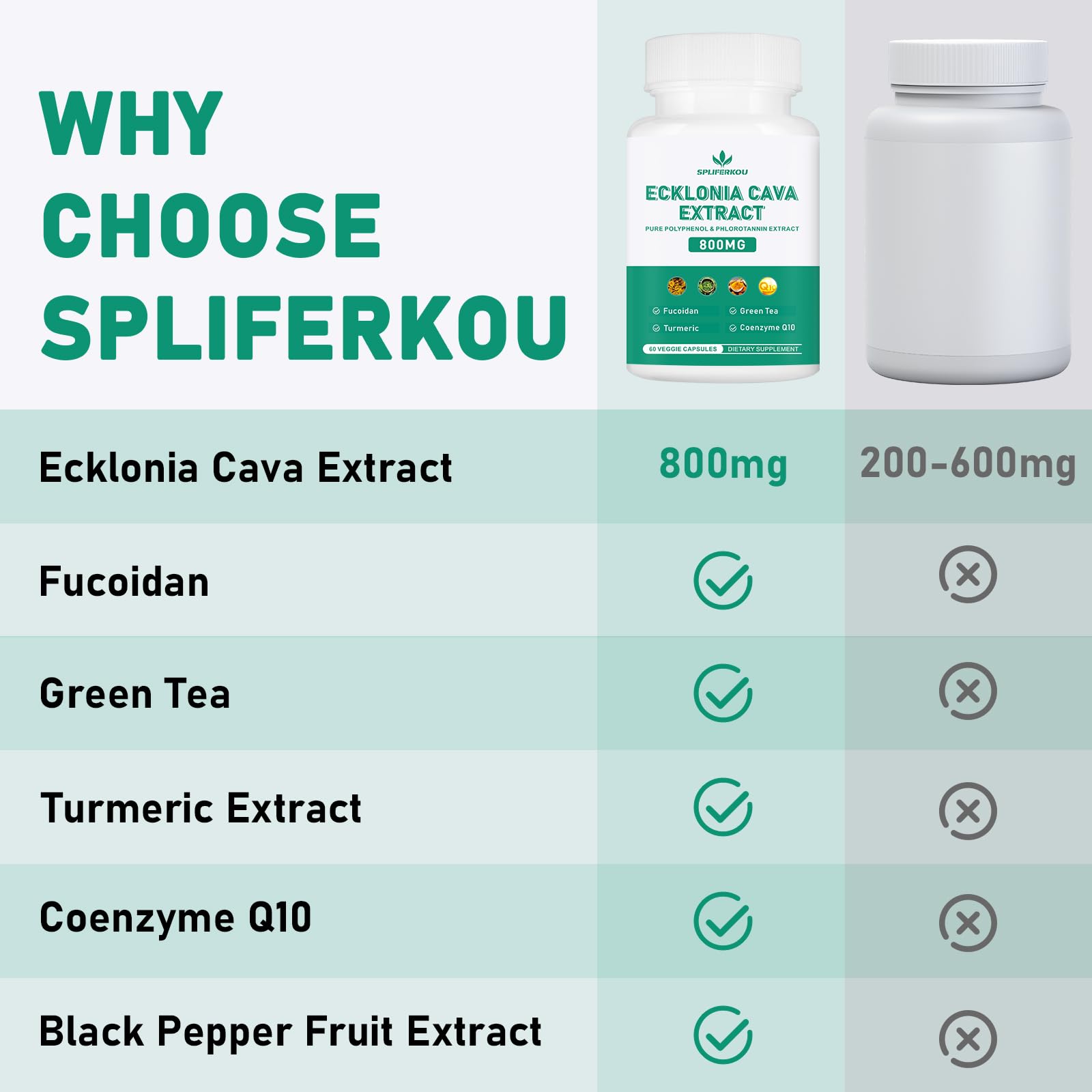 Spliferikou Ecklonia Cava Extract, 800mg, 60 Veggie Capsules with Fucoidan, Green Tea, Turmeric, CoQ10, Dietary Supplement - dailyvitalstore