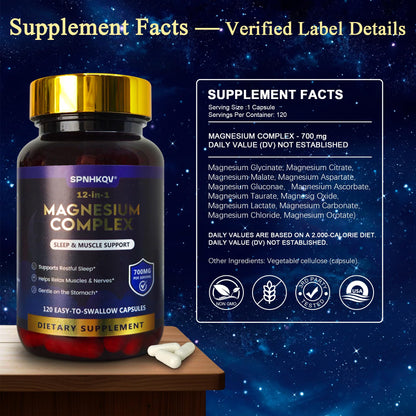SPNHKQV Magnesium 12-in-1 Complex Supplement – 700mg High Absorption Magnesium Glycinate Capsules for Women & Men – Muscle, Nerve & Sleep Support – 120 Vegan Capsules - dailyvitalstore