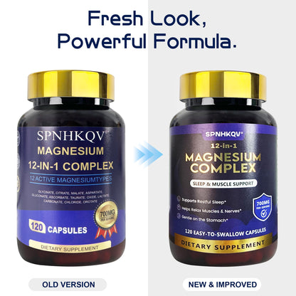 SPNHKQV Magnesium 12-in-1 Complex Supplement – 700mg High Absorption Magnesium Glycinate Capsules for Women & Men – Muscle, Nerve & Sleep Support – 120 Vegan Capsules - dailyvitalstore