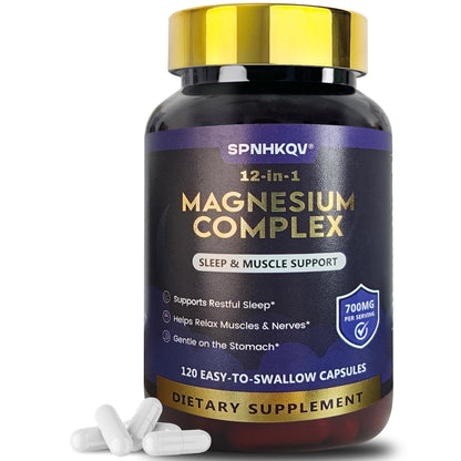 SPNHKQV Magnesium 12-in-1 Complex Supplement – 700mg High Absorption Magnesium Glycinate Capsules for Women & Men – Muscle, Nerve & Sleep Support – 120 Vegan Capsules - dailyvitalstore