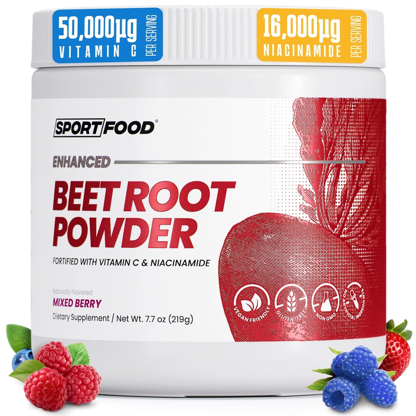 SPORTFOOD Beet Root Powder with Niacinamide & Vitamin C - Superfood for Circulation, Energy, & Stamina | Vegan, Non-GMO, Nitric Oxide Boost for Pre-Workout & Heart Health | Mixed Berry Flavor | 7.7oz - dailyvitalstore