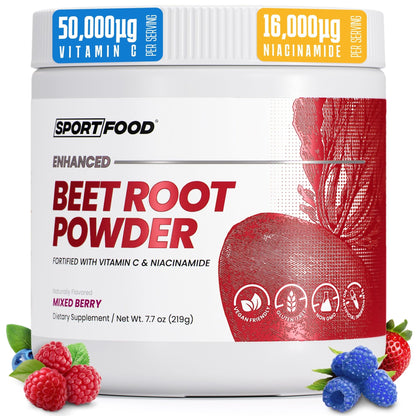 SPORTFOOD Beet Root Powder with Niacinamide & Vitamin C - Superfood for Circulation, Energy, & Stamina | Vegan, Non-GMO, Nitric Oxide Boost for Pre-Workout & Heart Health | Mixed Berry Flavor | 7.7oz - dailyvitalstore