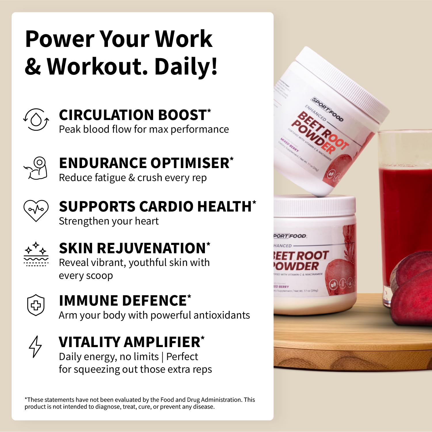SPORTFOOD Beet Root Powder with Niacinamide & Vitamin C - Superfood for Circulation, Energy, & Stamina | Vegan, Non-GMO, Nitric Oxide Boost for Pre-Workout & Heart Health | Mixed Berry Flavor | 7.7oz - dailyvitalstore