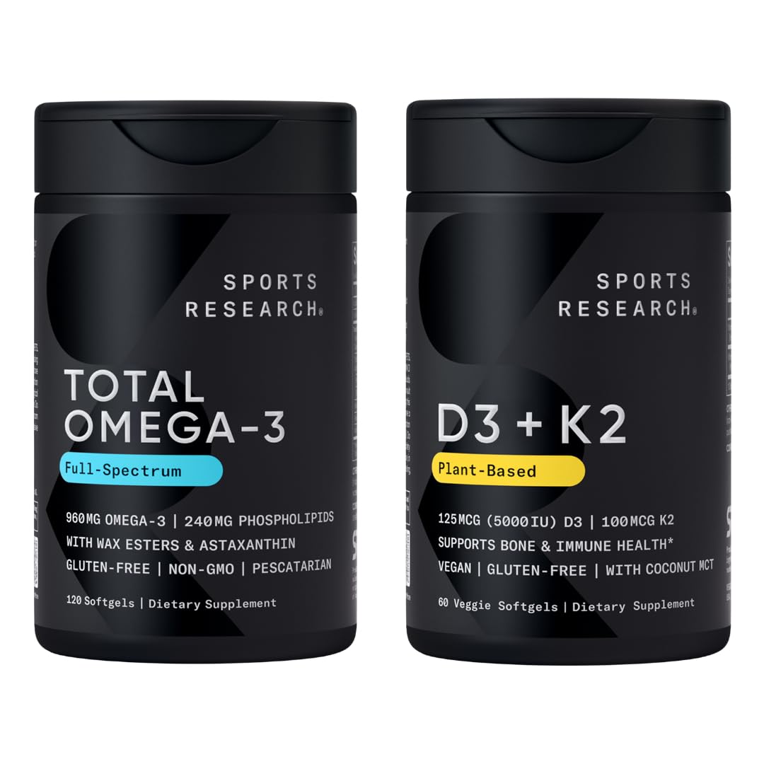 Sports Research® 2-in-1 Pack - Total Omega-3 Fish Oil 2200mg - 960mg of EPA & DHA, and Vitamin D3 5000iu + K2 100mcg - dailyvitalstore