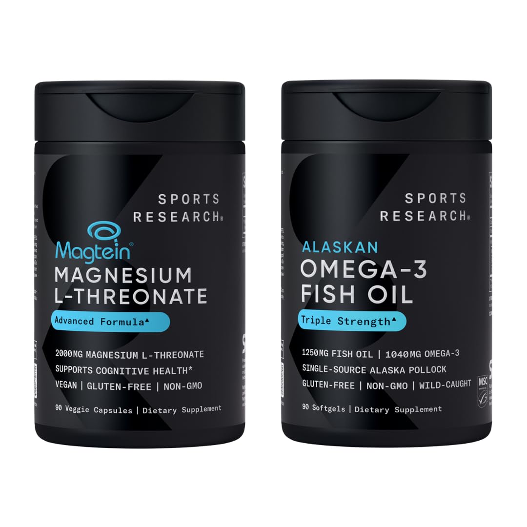 Sports Research® 90 Ct Cognitive Health Support Pack - Triple Strength Omega 3 Fish Oil EPA DHA Fatty Acids from Single-Source Wild Alaskan Pollock & Magtein Magnesium L-Threonate for Memory, Focus - dailyvitalstore