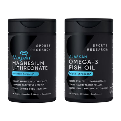 Sports Research® 90 Ct Cognitive Health Support Pack - Triple Strength Omega 3 Fish Oil EPA DHA Fatty Acids from Single-Source Wild Alaskan Pollock & Magtein Magnesium L-Threonate for Memory, Focus - dailyvitalstore