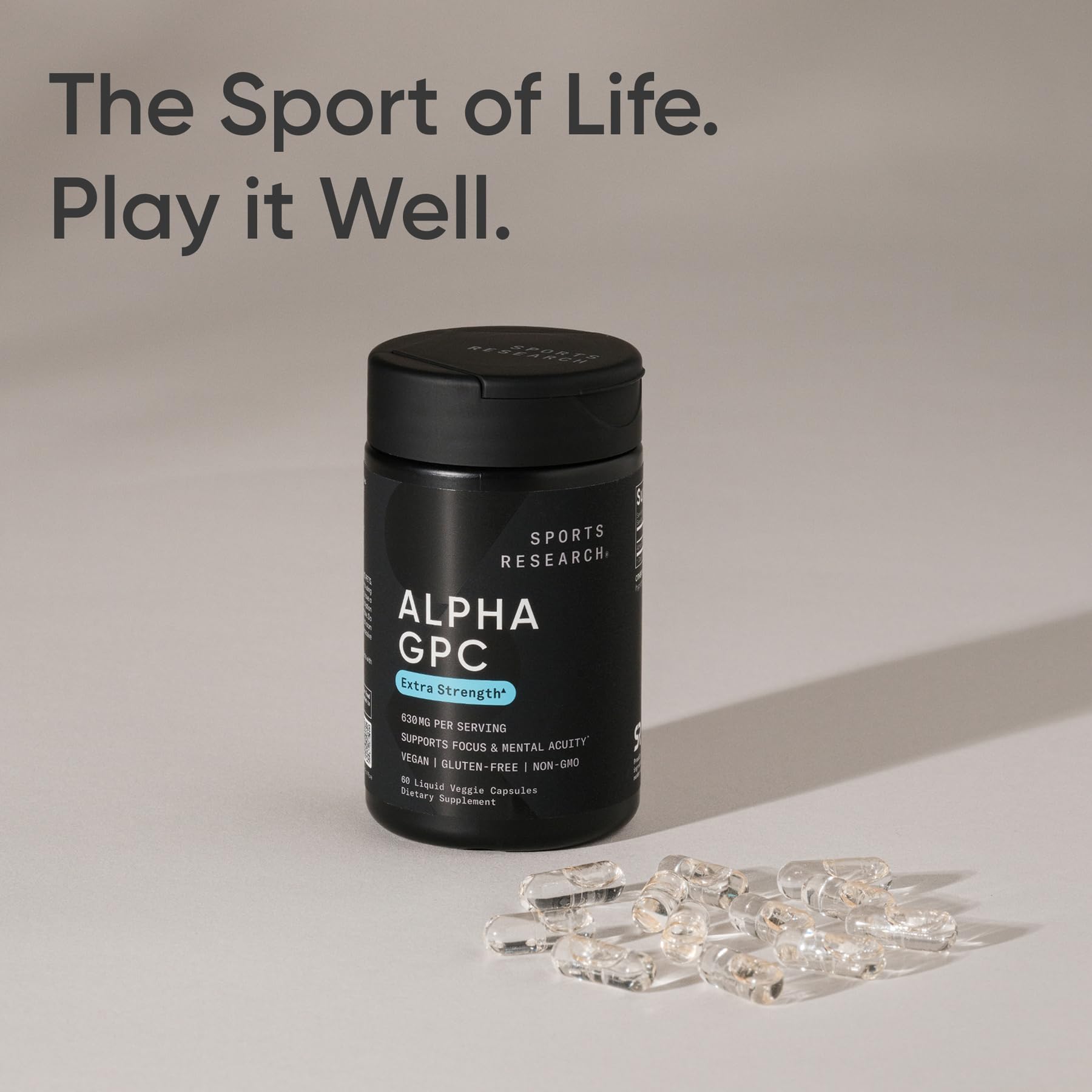 Sports Research® Alpha GPC 630mg (Extra Strength) - Bioavailable Source of Choline - Focus & Cognitive Support for Women & Men - Vegan Certified · Non-GMO · Gluten Free - 60 Liquid Capsules - dailyvitalstore