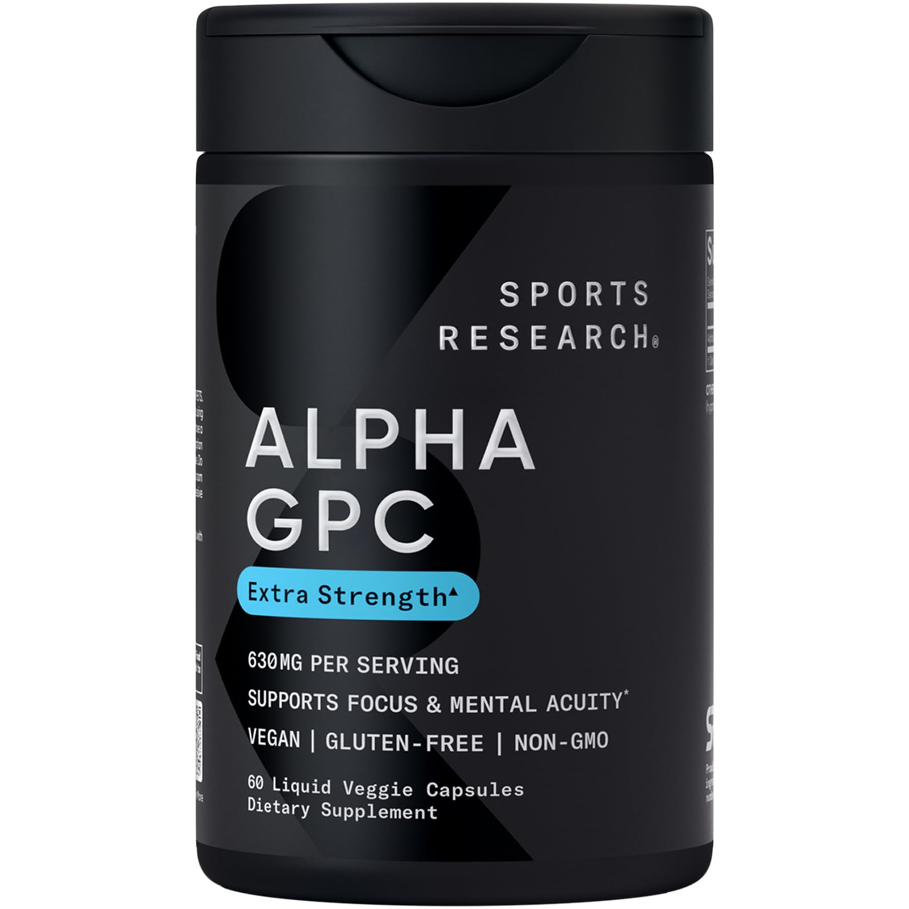 Sports Research® Alpha GPC 630mg (Extra Strength) - Bioavailable Source of Choline - Focus & Cognitive Support for Women & Men - Vegan Certified · Non-GMO · Gluten Free - 60 Liquid Capsules - dailyvitalstore