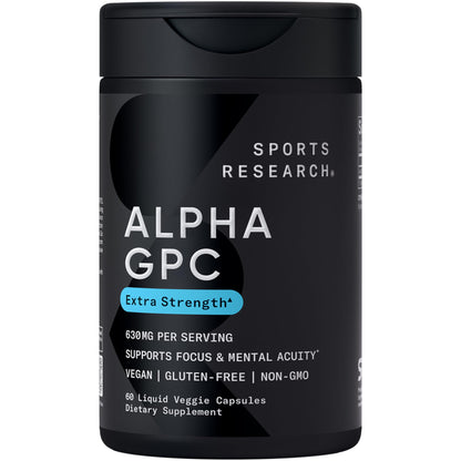 Sports Research® Alpha GPC 630mg (Extra Strength) - Bioavailable Source of Choline - Focus & Cognitive Support for Women & Men - Vegan Certified · Non-GMO · Gluten Free - 60 Liquid Capsules - dailyvitalstore