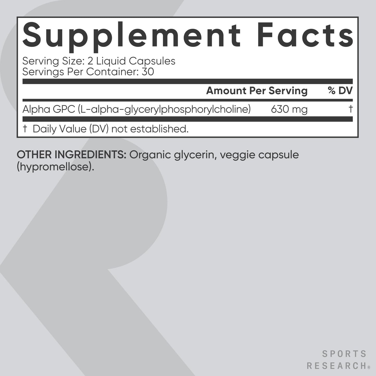 Sports Research® Alpha GPC 630mg (Extra Strength) - Bioavailable Source of Choline - Focus & Cognitive Support for Women & Men - Vegan Certified · Non-GMO · Gluten Free - 60 Liquid Capsules - dailyvitalstore