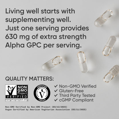 Sports Research® Alpha GPC 630mg (Extra Strength) - Bioavailable Source of Choline - Focus & Cognitive Support for Women & Men - Vegan Certified · Non-GMO · Gluten Free - 60 Liquid Capsules - dailyvitalstore