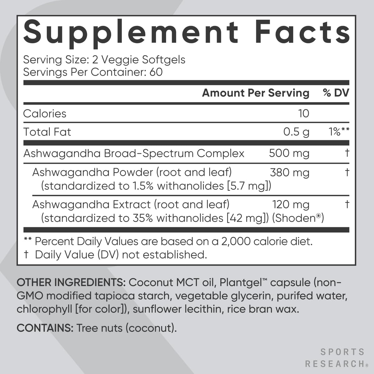 Sports Research® Ashwagandha Softgels with Coconut MCT Oil - Natural Ayurvedic Adaptogen Made with Shoden® Ashwa for Relaxation, Calm & Sleep Support - Gluten Free & Vegan Friendly - 120 Count - dailyvitalstore
