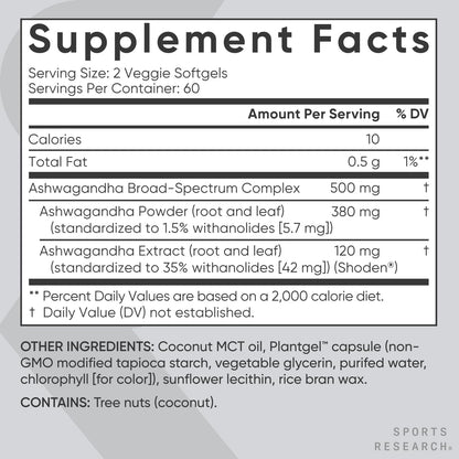 Sports Research® Ashwagandha Softgels with Coconut MCT Oil - Natural Ayurvedic Adaptogen Made with Shoden® Ashwa for Relaxation, Calm & Sleep Support - Gluten Free & Vegan Friendly - 120 Count - dailyvitalstore