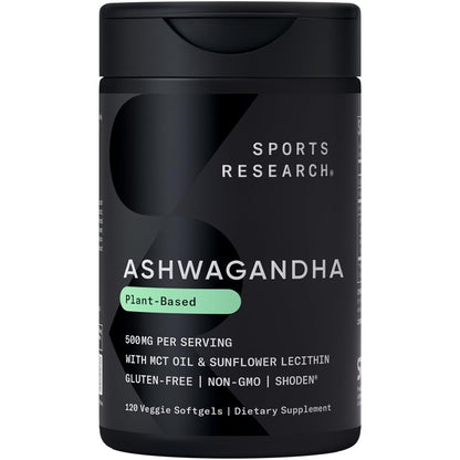 Sports Research® Ashwagandha Softgels with Coconut MCT Oil - Natural Ayurvedic Adaptogen Made with Shoden® Ashwa for Relaxation, Calm & Sleep Support - Gluten Free & Vegan Friendly - 120 Count - dailyvitalstore