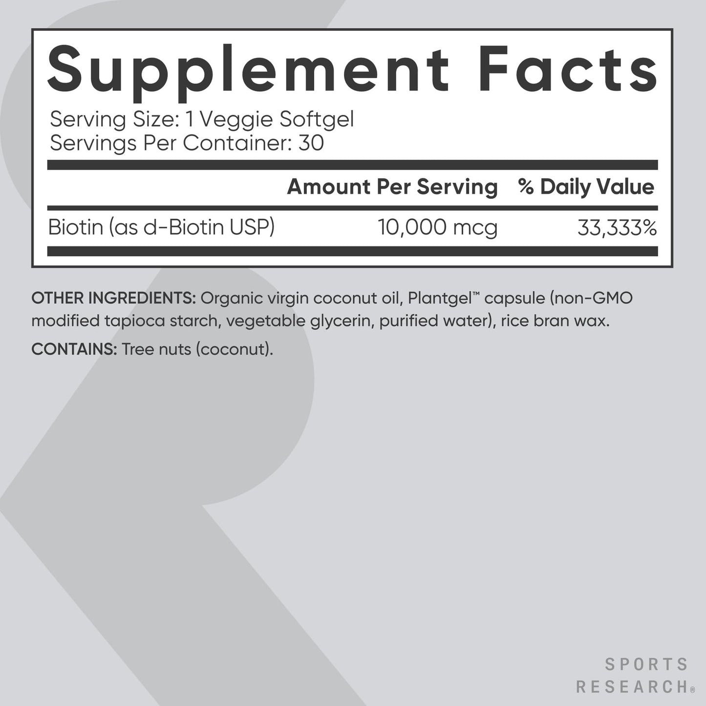 Sports Research® Biotin 10,000mcg with Organic Coconut Oil - Biotin (Vitamin B7) for Healthy Skin and Hair Support* - for Women and Men - Vegan, Non-GMO, Gluten & Soy-Free - 30 Veggie Softgels - dailyvitalstore