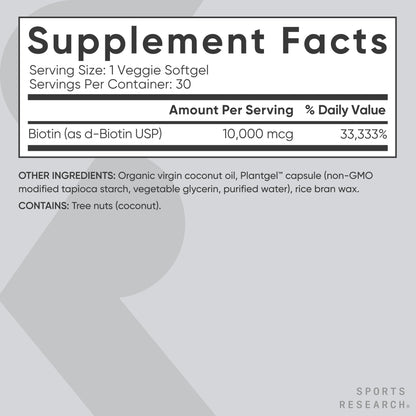 Sports Research® Biotin 10,000mcg with Organic Coconut Oil - Biotin (Vitamin B7) for Healthy Skin and Hair Support* - for Women and Men - Vegan, Non-GMO, Gluten & Soy-Free - 30 Veggie Softgels - dailyvitalstore