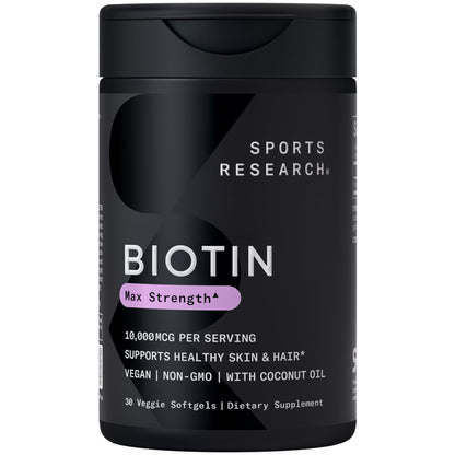 Sports Research® Biotin 10,000mcg with Organic Coconut Oil - Biotin (Vitamin B7) for Healthy Skin and Hair Support* - for Women and Men - Vegan, Non-GMO, Gluten & Soy-Free - 30 Veggie Softgels - dailyvitalstore