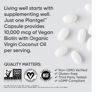 Sports Research® Biotin 10,000mcg with Organic Coconut Oil - Biotin (Vitamin B7) for Healthy Skin and Hair Support* - for Women and Men - Vegan, Non-GMO, Gluten & Soy-Free - 30 Veggie Softgels - dailyvitalstore