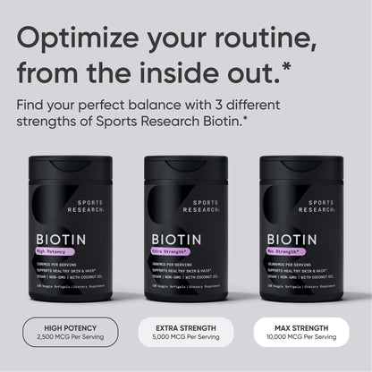Sports Research® Biotin 10,000mcg with Organic Coconut Oil - Biotin (Vitamin B7) for Healthy Skin and Hair Support* - for Women and Men - Vegan, Non-GMO, Gluten & Soy-Free - 30 Veggie Softgels - dailyvitalstore