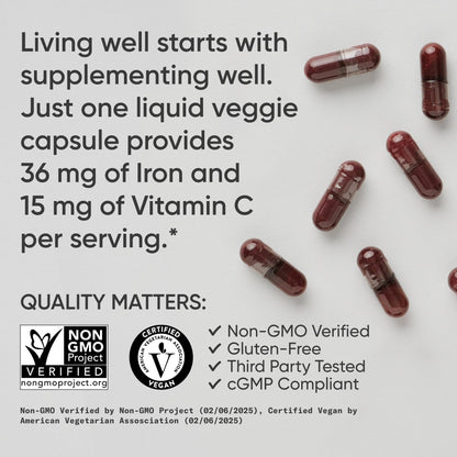 Sports Research® Blood Balance Iron Supplement - 36 MG Iron + Folate & Vitamin C for Absorption - Red Blood Cell Support for Women & Men* - Vegan Certified · Non-GMO · Gluten-Free - 90 Capsules - dailyvitalstore