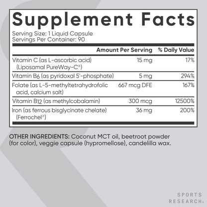 Sports Research® Blood Balance Iron Supplement - 36 MG Iron + Folate & Vitamin C for Absorption - Red Blood Cell Support for Women & Men* - Vegan Certified · Non-GMO · Gluten-Free - 90 Capsules - dailyvitalstore