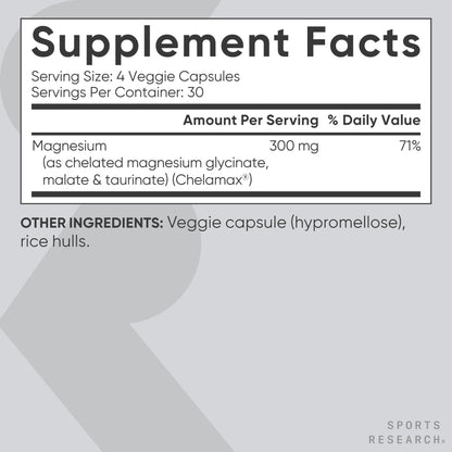 Sports Research® Chelated Triple Magnesium Complex with Glycinate, Taurinate & Malate (Chelamax®) for Enhanced Bioavailability* - 300 mg per Serving, Non-GMO, Certified Vegan, 120 Veggie Capsules - dailyvitalstore
