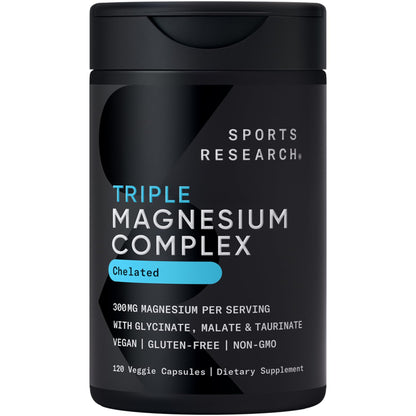 Sports Research® Chelated Triple Magnesium Complex with Glycinate, Taurinate & Malate (Chelamax®) for Enhanced Bioavailability* - 300 mg per Serving, Non-GMO, Certified Vegan, 120 Veggie Capsules - dailyvitalstore