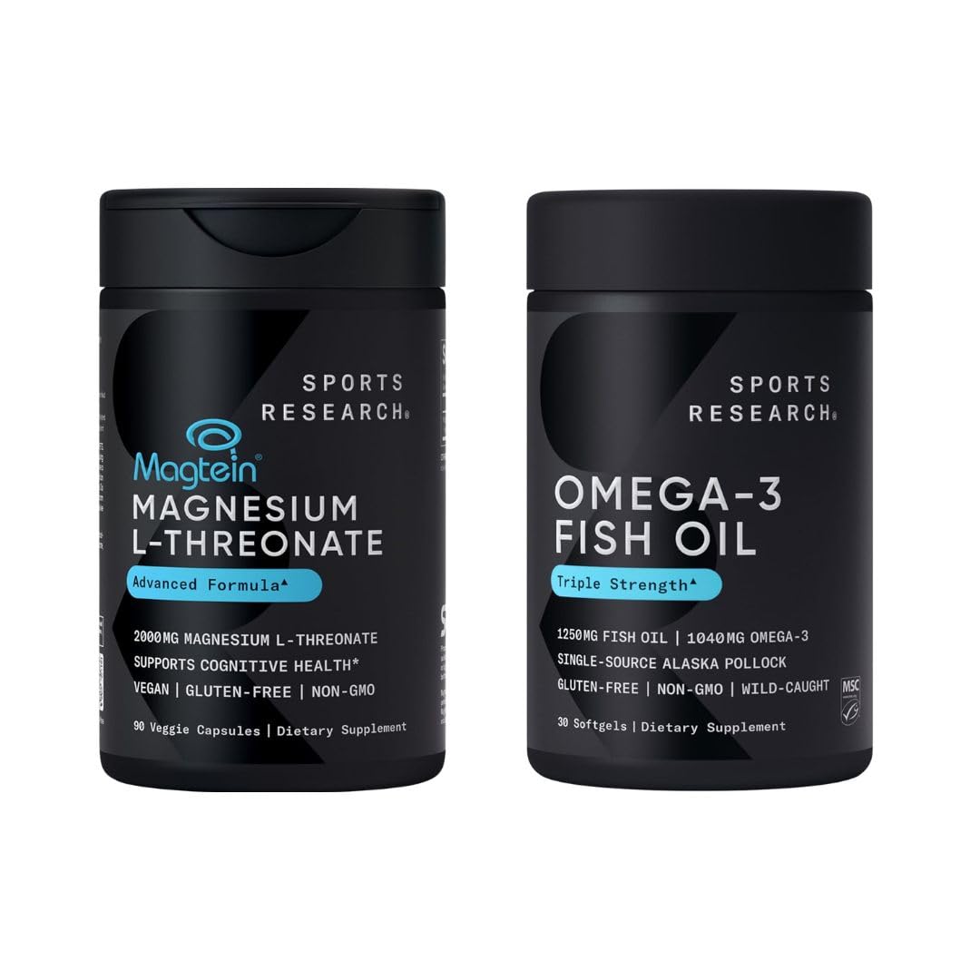 Sports Research® Cognitive Health Support Pack - Triple Strength Omega 3 Fish Oil EPA DHA Fatty Acids from Wild Alaskan Pollock & Magtein Magnesium L-Threonate - dailyvitalstore