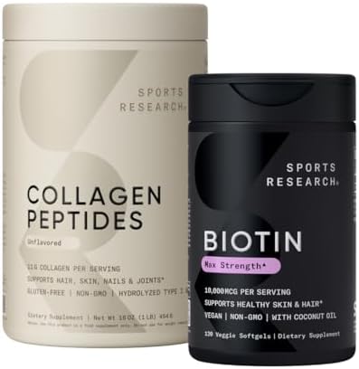 Sports Research® Collagen Peptides for Women & Men Hydrolyzed Type 1 & 3 Protein Supplement Easy Mixing Vital Nutrients Proteins and Vegan Biotin 10,000mcg Max Strength B7 120 Softgels (4 Month Supply - dailyvitalstore