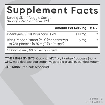 Sports Research CoQ10 (100mg) Enhanced w/Coconut Oil & Bioperine (Black Pepper) for Better Absorption | Vegan Certified, Non-GMO Verified (120 Veggie Softgels) - dailyvitalstore