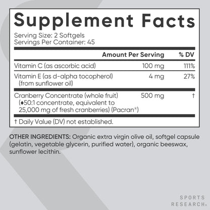 Sports Research® Cranberry Fruit Complex Supplement - Softgels for Urinary Tract Health Support - Made with Pacran®­ & Vitamins C & E - Non-GMO & Gluten Free - 90 Count - dailyvitalstore