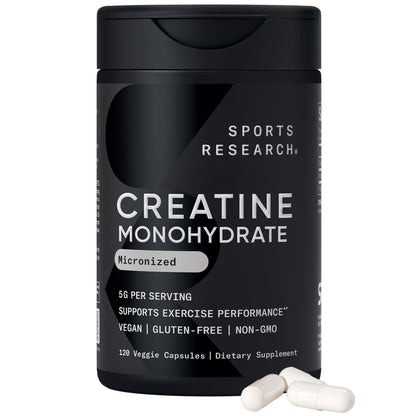 Sports Research® Creatine Monohydrate Capsules - Supports Workout Recovery, Lean Muscle gain, Performance and Strength* - Non-GMO, Vegan Certified - 5g per Servings - 30 Servings - dailyvitalstore