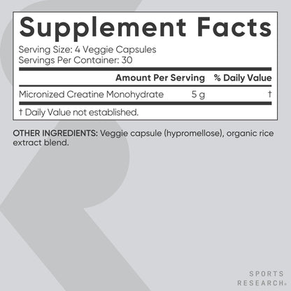 Sports Research® Creatine Monohydrate Capsules - Supports Workout Recovery, Lean Muscle gain, Performance and Strength* - Non-GMO, Vegan Certified - 5g per Servings - 30 Servings - dailyvitalstore