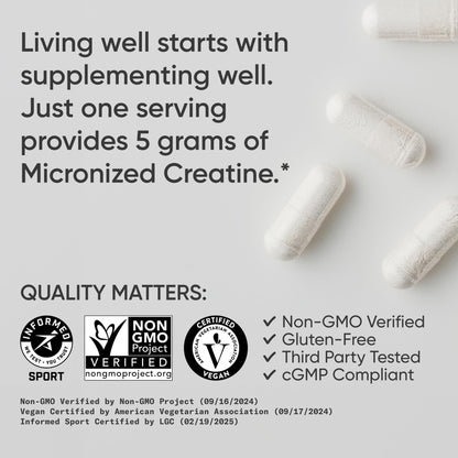Sports Research® Creatine Monohydrate Capsules - Supports Workout Recovery, Lean Muscle gain, Performance and Strength* - Non-GMO, Vegan Certified - 5g per Servings - 30 Servings - dailyvitalstore