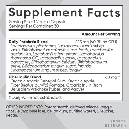 Sports Research Daily Probiotics with Prebiotics, 60 Billion CFU - Vegan Capsules for Gut Health & Digestive Support, Probiotics for Women & Men - Non-GMO Verified & Gluten Free - 30 Count - dailyvitalstore