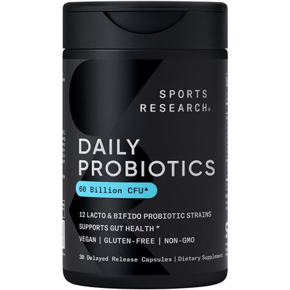 Sports Research Daily Probiotics with Prebiotics, 60 Billion CFU - Vegan Capsules for Gut Health & Digestive Support, Probiotics for Women & Men - Non-GMO Verified & Gluten Free - 30 Count - dailyvitalstore