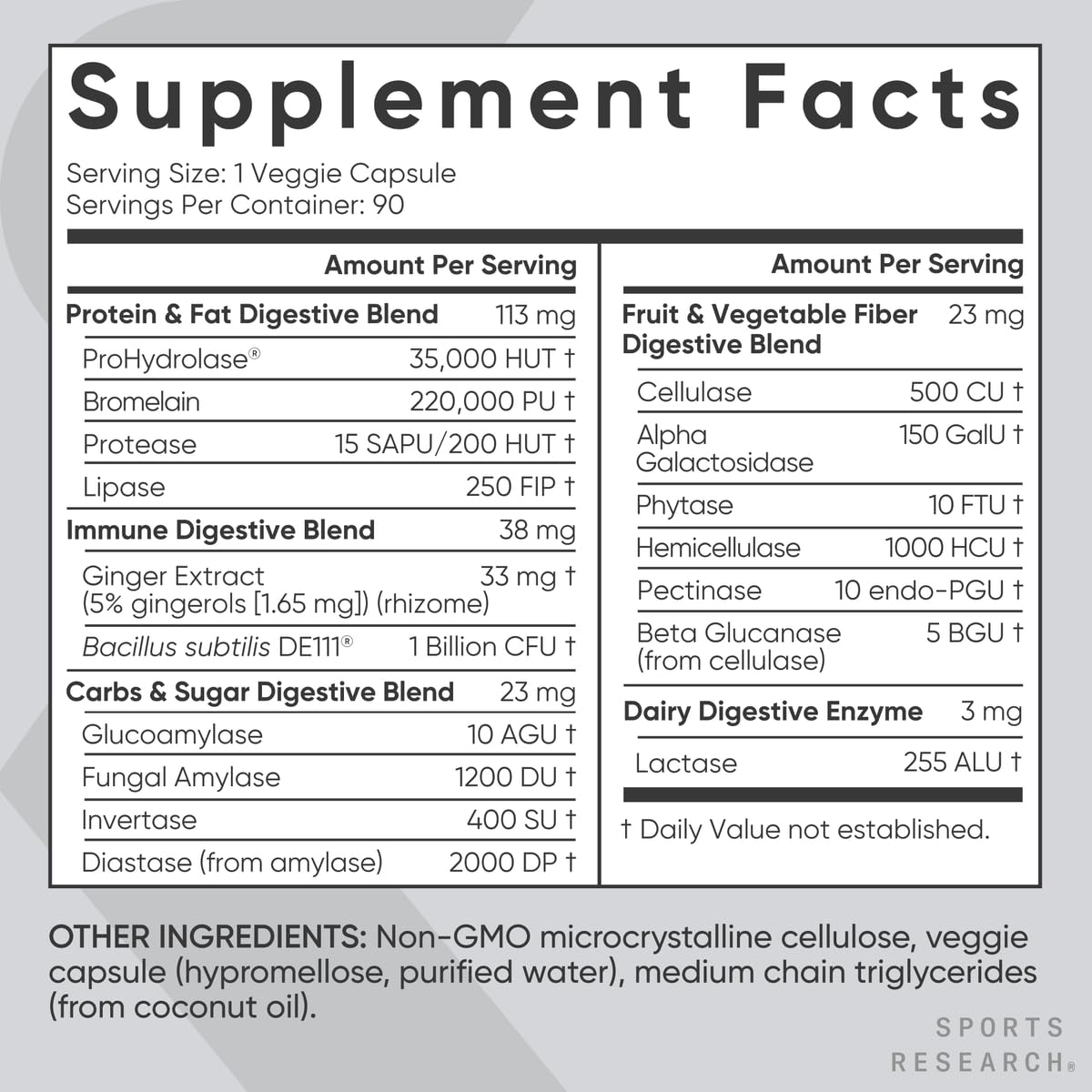Sports Research Digestive Enzymes with Probiotics & Ginger - Plant Based for Dairy, Protein, Sugar & Carbs - Non-GMO Verified & Vegan Friendly (90 Veggie Capsules) - dailyvitalstore