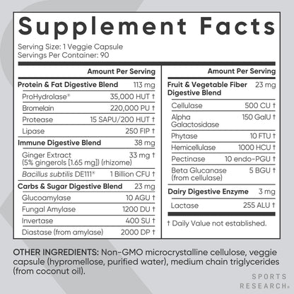 Sports Research Digestive Enzymes with Probiotics & Ginger - Plant Based for Dairy, Protein, Sugar & Carbs - Non-GMO Verified & Vegan Friendly (90 Veggie Capsules) - dailyvitalstore